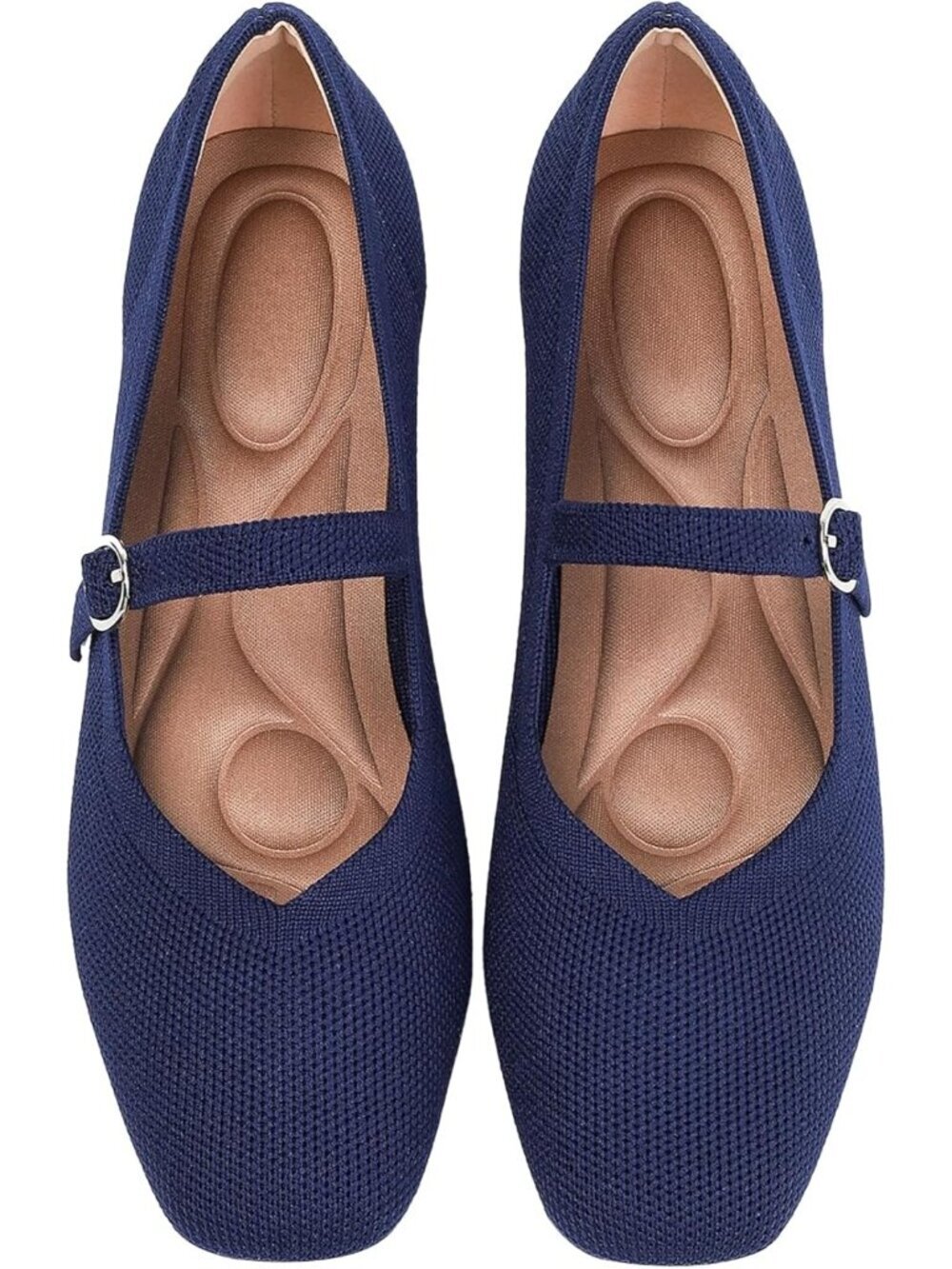 Women's Dark Blue Knit Flats Square Toe Casual Ballet Flat Ankle Strap Shoes